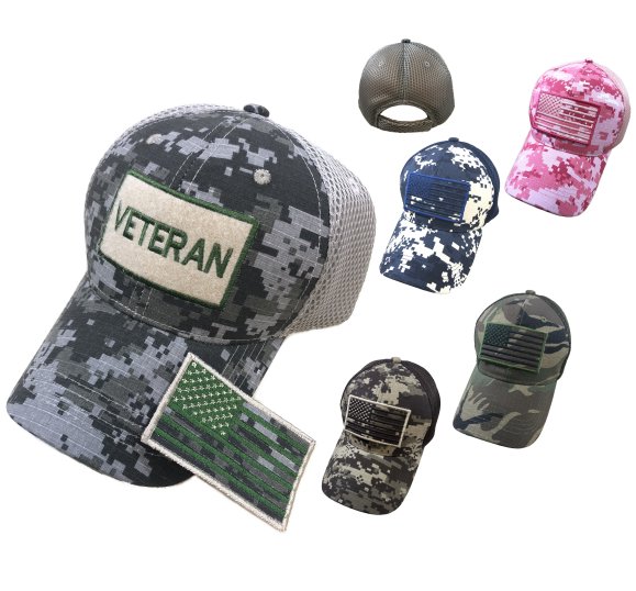 Detachable Patch Hat/FLAG 100% Cotton Camo Mesh [VETERAN]